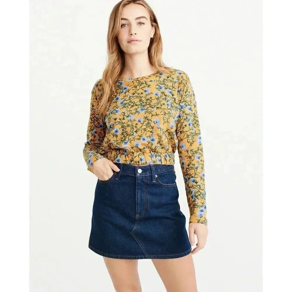 Abercrombie & Fitch sz LARGE yellow floral crop top long sleeve shirt NWT - Picture 1 of 6